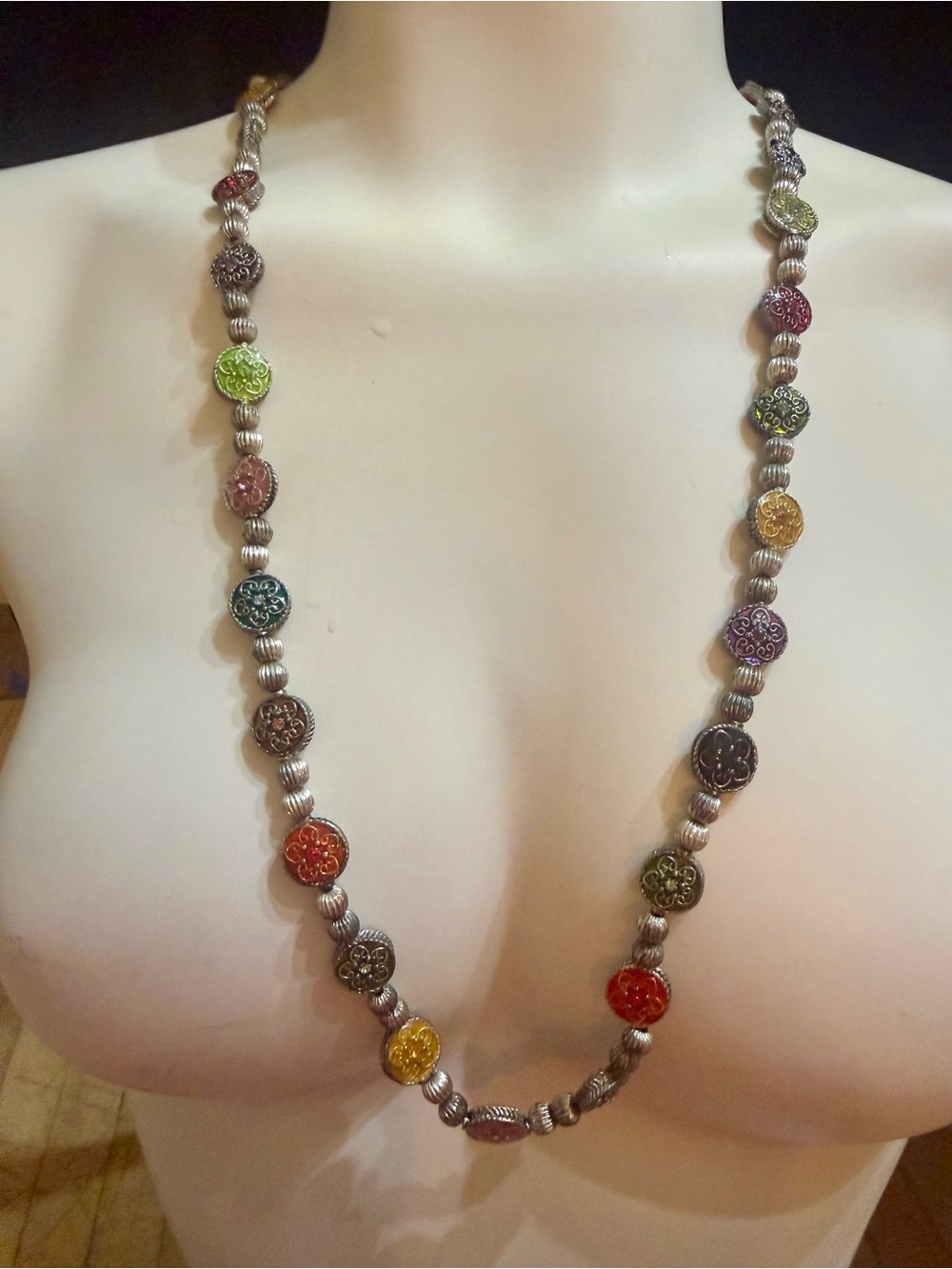 Vintage Boho Multi-Color Enamel Station Necklace - 14" Drop Antiqued Silver Tone